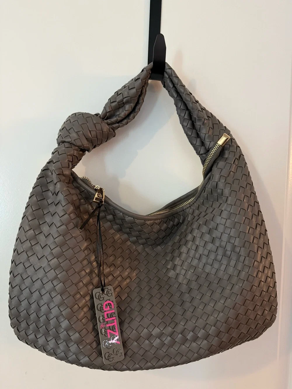 Grey Woven Knot-Handle Hobo Bag